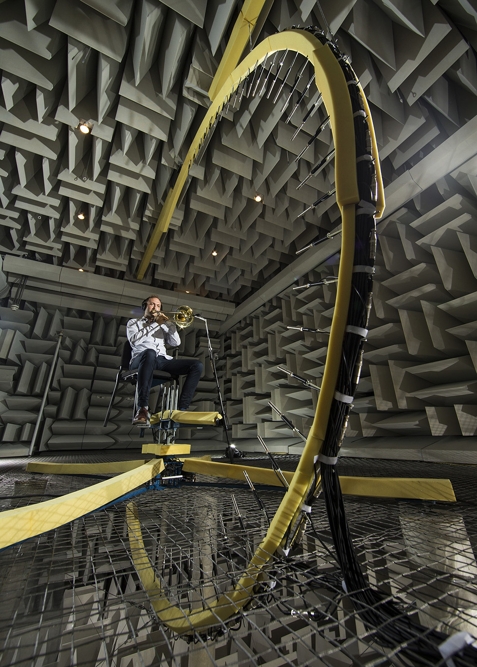 1407-08 230.CR2 Acoustic Research–Large Anechoic Chamber. Physical and Mathematical Sciences College, Physic and Astronomy Department. Tim Leishman Testing notes from a Trombone played by Marcus Anderson July 8, 2014 Photo by Mark A. Philbrick Copyright BYU Photo 2014 All Rights Reserved photo@byu.edu (801)422-7322